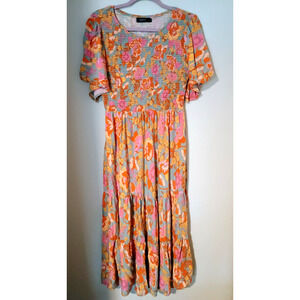 Retro Flower Power Pink Orange Flutter Sleeve Smocked Tiered Rayon Maxi Dress L